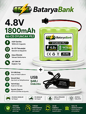 4.8V 1800mAh Oyuncak Araba Pili Bataryası Siyah Soket + USB Şarj Cihazı Seti - 1