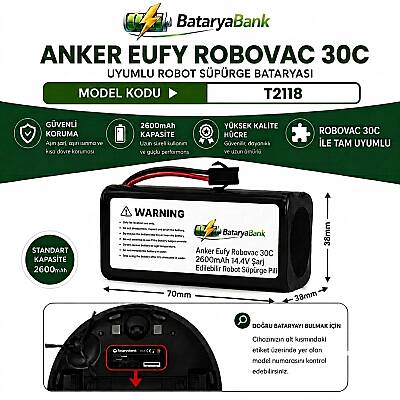 Anker Eufy RoboVac 30C (T2118) Uyumlu Robot Süpürge Bataryası 14.4V 2600mAh Li-ion Şarj Edilebilir Pil - 1