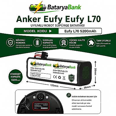 BataryaBank Anker Eufy L70 (T2190) Uyumlu Robot Süpürge Bataryası 14.4V 5200mAh Li-ion Yüksek Kapasiteli Yedek Pil - 1