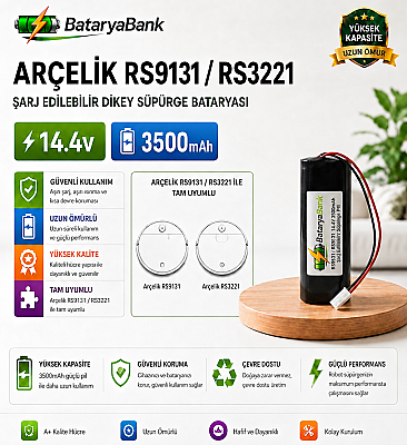 BataryaBank Arçelik RS9131 / RS3221 Uyumlu 14.4V 3500mAh Şarj Edilebilir Dikey Süpürge Bataryası - 1