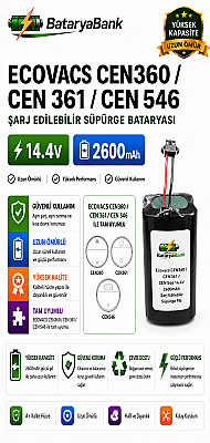 BataryaBank Ecovacs CEN360 / CEN361 / CEN546 Uyumlu Şarj Edilebilir Robot Süpürge Bataryası 14.4V 2600mAh Li-ion - 1