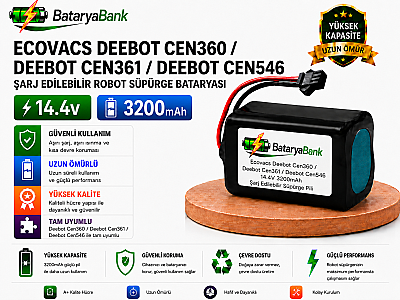 BataryaBank Ecovacs Deebot CEN360 / Deebot CEN361 / Deebot CEN546 Uyumlu Robot Süpürge Bataryası 14.4V 3200mAh Li-ion Şarj Edilebilir Pil - 1