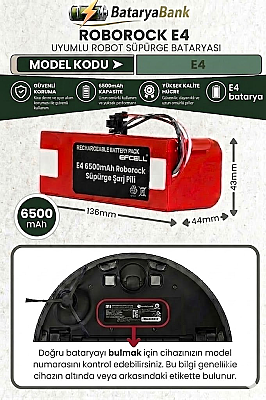 BataryaBank Roborock E4 Uyumlu Robot Süpürge Bataryası 14.4V 6500mAh Li-ion Yüksek Kapasiteli Yedek Pil - 1