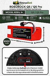 BataryaBank Roborock Q5 / Q5 Pro Uyumlu Robot Süpürge Bataryası 14.4V 6500mAh Li-ion Yüksek Kapasiteli Şarj Edilebilir Pil - BataryaBank
