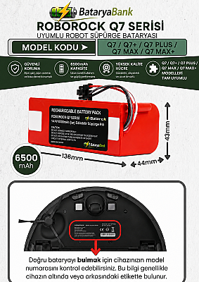 BataryaBank Roborock Q7 / Q7+ / Q7 Plus / Q7 Max / Q7 Max+ Uyumlu Robot Süpürge Bataryası 14.4V 6500mAh Li-ion Yüksek Kapasiteli Şarj Edilebilir Pil - 1