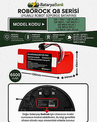 BataryaBank Roborock Q8 / Q8+ / Q8 Plus / Q8 Max / Q8 Max+ / Q8 Max Plus / Q8 Max Pro / Q8 Max Pro Plus Uyumlu Robot Süpürge Bataryası 14.4V 6500mAh Li-ion Yüksek Kapasiteli Pil - 1