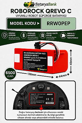 BataryaBank Roborock Qrevo C (RRW0PEP) Uyumlu Robot Süpürge Bataryası 14.4V 6500mAh Li-ion Yüksek Kapasiteli Pil - 1