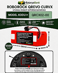 BataryaBank Roborock Qrevo CurvX (QRCX02-00) Uyumlu Robot Süpürge Bataryası 14.4V 6500mAh Li-ion Yüksek Kapasiteli Pil - BataryaBank