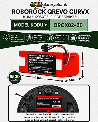 BataryaBank Roborock Qrevo CurvX (QRCX02-00) Uyumlu Robot Süpürge Bataryası 14.4V 6500mAh Li-ion Yüksek Kapasiteli Pil - 1