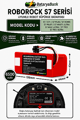 BataryaBank Roborock S7 Serisi Uyumlu Robot Süpürge Bataryası 14.4V 6500mAh Li-ion (S7 / S7+ / S7 Plus / S7 Sonic / S7 MaxV / S7 MaxV Ultra / S7 Max Ultra / S7 Pro / S7 Pro Ultra) - 1