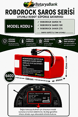 BataryaBank Roborock Saros Serisi Uyumlu Robot Süpürge Bataryası 14.4V 6400mAh Li-ion (Saros 10 / Saros 10R / Saros Z70) - 1