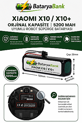 BataryaBank Xiaomi Robot Vacuum X10 / X10+ Uyumlu Robot Süpürge Bataryası 14.4V 5200mAh Li-ion Orijinal Kapasite Yedek Pil - 1