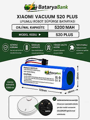 BataryaBank Xiaomi Vacuum S20 Plus Uyumlu Robot Süpürge Bataryası 14.4V 5200mAh Li-ion Orijinal Kapasite Yedek Pil - 1