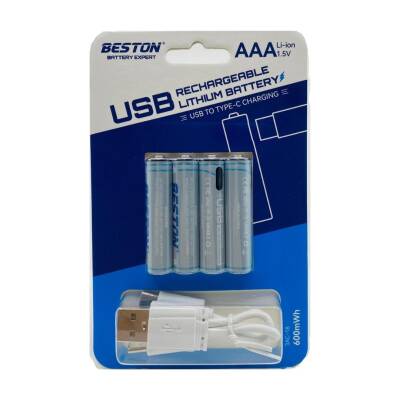 Beston AAA 1.5v USB'den TYPE-C'ye 4lü Şarjlı Li-ion Pil - 1