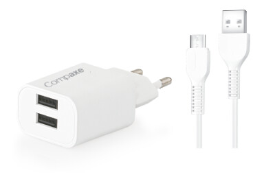 COMPAXE CTA-521D MU 10W 5V 2.1A ÇİFT USB + USB TO MICRO 3A KABLOLU SET BEYAZ - Compaxe