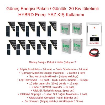 Güneş Enerjisi Paketi / Günlük 20 Kw tüketimli HYBRD Enerji YAZ KIŞ Kullanımı - BataryaBank
