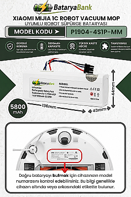 Mi Mijia 1C Robot Vacuum Mop P1904-4S1P-MM Uyumlu Batarya 14.4V 5800mAh Li-ion Robot Süpürge Pil - 1