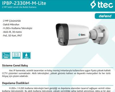 Ttec IPBP-2330M-M-LITE 2MP 2.8mm Sabit Lensli 30 Metre IR Sensörü Dahili Mikrofon IP Bullet Kamera - 2