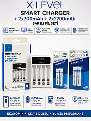 X-Level CH1-201AL LCD Akıllı Pil Şarj Cihazı + 2x Efcell AA 2700mAh + 2x Efcell AAA 700mAh Şarj Edilebilir Pil Seti - BataryaBank
